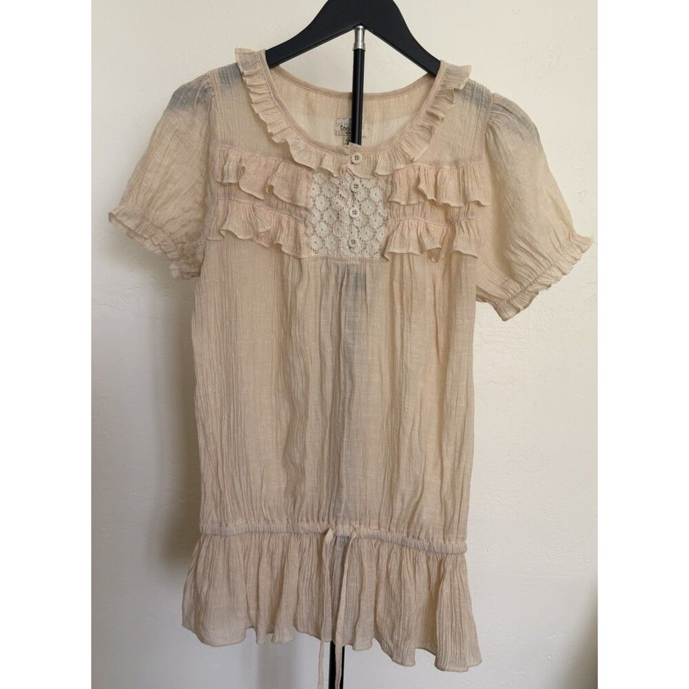 Too Mi Women’s L crinkle Beige Ruffle Lace Trim Top Cottagecore Boho Milkmaid